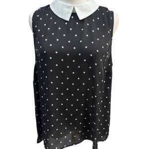 EUC CeCe Women's XL Black Sleeveless Polka Dot Blouse with Collar